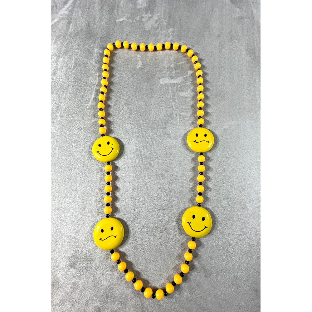 Smiley Face Necklace Unisex Yellow Beaded Double Sided Retro Mardi Gra